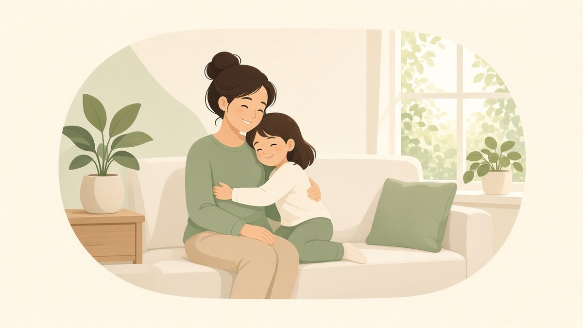 A parent and child relaxing in a clean, cosy living room